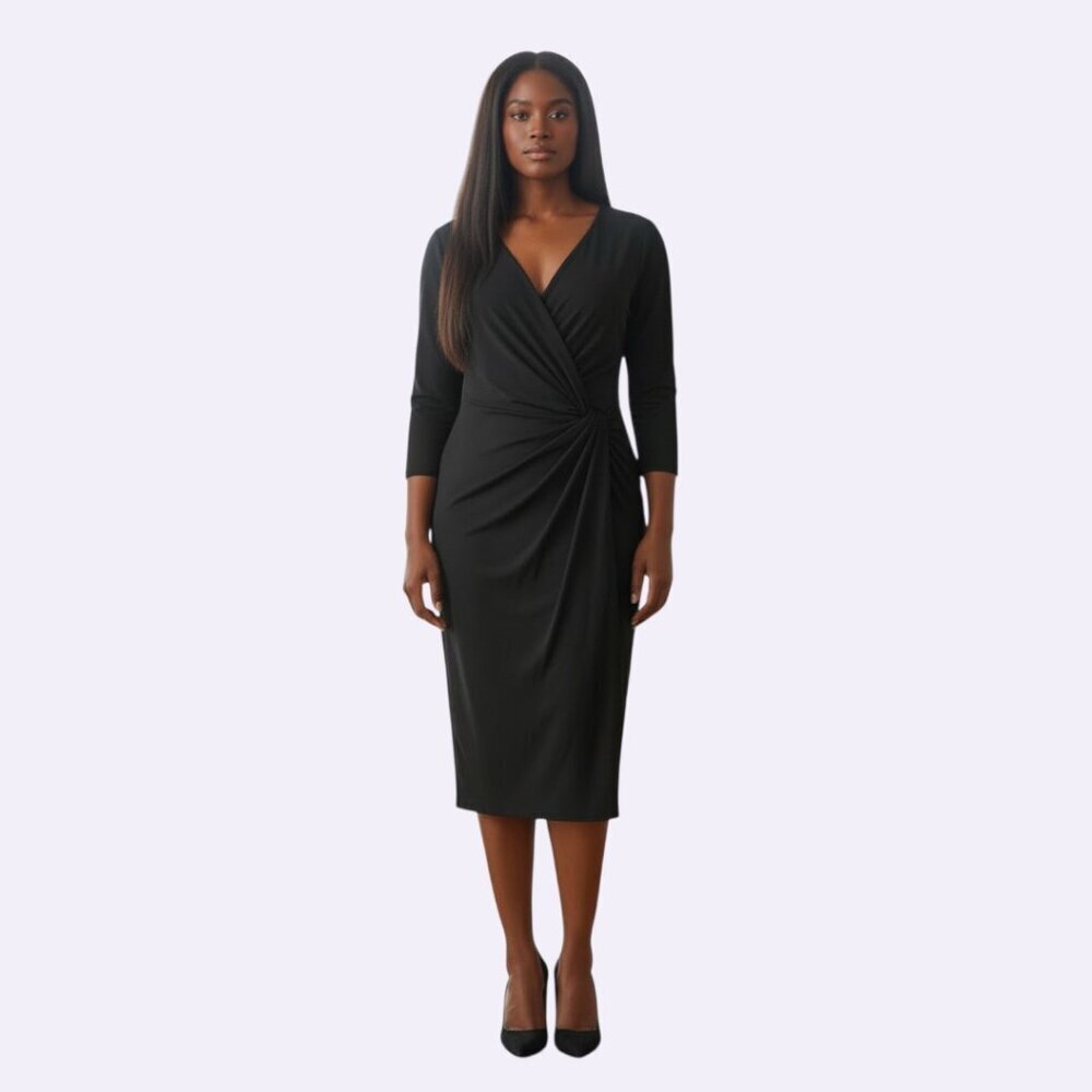 Ralph Lauren Women's Black Twist-Front Jersey Surplice Dress 34 Sleeve 14 EUC